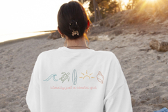 Coastal aesthetic design with minimal line icons and soft colors, perfect for creating beach themed shirts, totes, and decals.