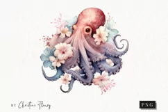 Watercolor Floral Octopus Clipart | Watercolor Animal PNG Product Image 1