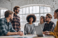 Diverse office team collaborating happily around a table Product Image 1
