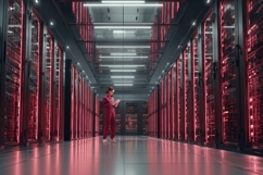 Technician in Server Room with Red Lights, Data Center Product Image 1