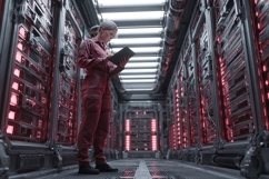 Woman in Futuristic Server Room with Red Lights, Holding Tab Product Image 1