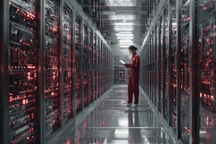Technician in Server Room with Tablet, Data Center Rows, Red Product Image 1