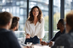 Confident woman leading business meeting in modern office Product Image 1