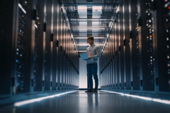 IT Technician Working in Modern Server Room with Laptop Data Product Image 1