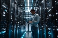 IT Technician Working on Laptop in Modern Server Room Product Image 1