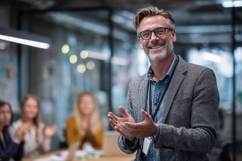 Smiling Businessman Leading Meeting, Applauding Colleagues Product Image 1