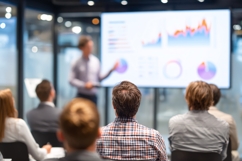 Business Presentation: Speaker Explains Data Charts Screen Product Image 1