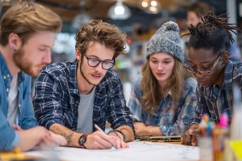 Diverse Young Team Collaborating on Project at Table, Focuse Product Image 1