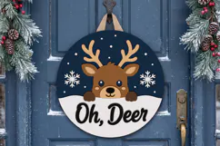 Oh Deer Reindeer Door Hanger SVG, Round Wooden Laser Cut Product Image 2