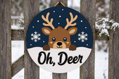 Oh Deer Reindeer Door Hanger SVG, Round Wooden Laser Cut Product Image 3