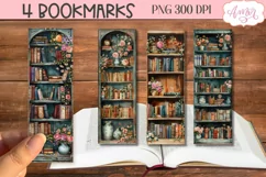 Old book shelves bookmark, watercolor books PNG printable Product Image 1