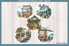 Colorful seaside fish market stall with hanging fish and coastal harbor background illustration