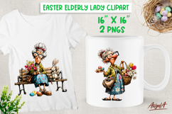 Easter clipart cute elderly lady with basket, bunny Product Image 1