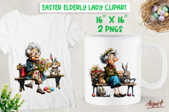 Easter clipart cute elderly lady with basket, bunny Product Image 1