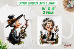 Easter clipart cute Vintage elderly lady with egg and bunny Product Image 1