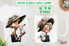 Easter clipart cute elderly old lady in Vintage hat, bunny Product Image 1