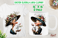 Easter clipart cute elderly old lady in Vintage hat, bunny Product Image 1
