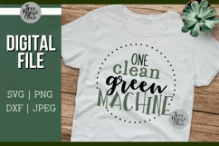 Healthy Eating Quote Design features saying one clean green machine in green and black.  Digital file shown on a white shirt as a finished project example