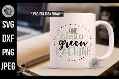 Healthy Eating Quote Design features saying one clean green machine in green and black.  Digital file shown on a white mug as a finished project example