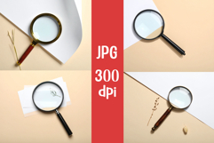 4 One magnifying glass on white paper, beige background JPG Product Image 1