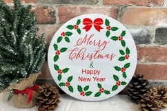 Merry Christmas svg round sign in holly wreath, New Year svg Product Image 2