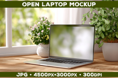 Laptop Mockup on Wooden Desk with Plants and Natural Light Product Image 1