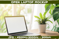 Laptop Mockup on Wooden Desk with Plants and Natural Light Product Image 1
