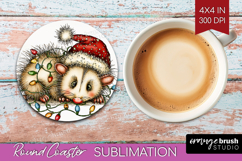 Opossum Tangled In Christmas Lights Round Coaster Funny Xmas Product Image 1