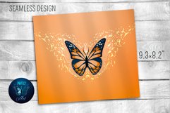 Orange butterfly tumbler wrap sublimation design with on orange gradient seamless background.  20 oz skinny tumbler full wrap png files for download.
