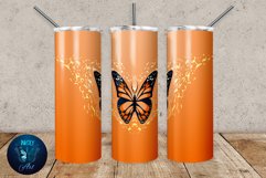 Orange butterfly tumbler wrap sublimation design with on orange gradient seamless background.  20 oz skinny tumbler full wrap png files for download.