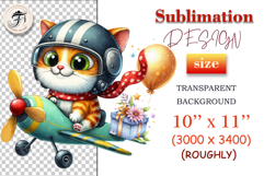 Watercolor sublimation clipart with orange cat pilot in a plane – ideal for children’s printables and birthday crafts.