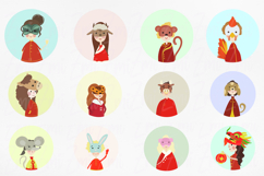 Chinese zodiac, zodiac signs, Chinese New Year illustration, astrology png, horoscope animals, avatar, sign, icon, round icon, avatar people, mascot, png, clipart, printable, cute, funny, 