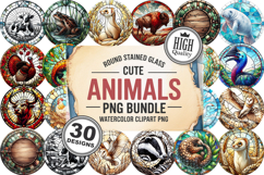Cute Animals Round Stained Glass PNG Bundle, 30 Designs Product Image 1