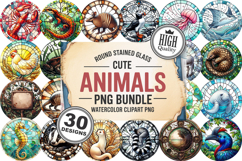 Cute Animals Round Stained Glass PNG Bundle, 30 Designs Product Image 1