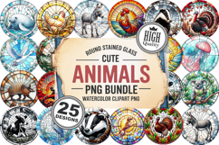 Cute Animals Round Stained Glass PNG Bundle, 25 Designs Product Image 1