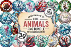 Cute Animals Round Stained Glass PNG Bundle, 30 Designs Product Image 1