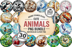 Cute Animals Round Stained Glass PNG Bundle, 30 Designs Product Image 1