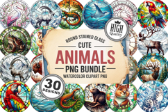 Cute Animals Round Stained Glass PNG Bundle, 30 Designs Product Image 1