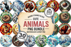 Cute Animals Round Stained Glass PNG Bundle, 30 Designs Product Image 1