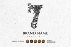 Ornate engraved number 7 monogram with floral monochrome Product Image 1