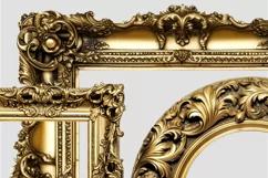 Ornate golden picture frames baroque isolated on transparent background