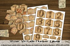 Printable Vintage Numbers, 43 Labels with a variety of sizes, numbers, numerals, dates, old letters and bookpaper with color borders.