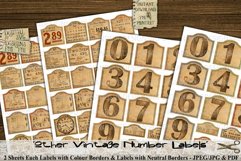 Printable Vintage Numbers, 43 Labels with a variety of sizes, numbers, numerals, dates, old letters and bookpaper with color borders.