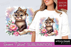 Otter Reading Square Tshirt Background Book Lover PNG Product Image 1