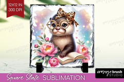 Otter Reading Slate PNG Book Lover Square Slate Sublimation Product Image 1