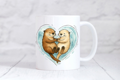 Watercolor illustration of two otters holding hands while floating in water shaped like a heart. Soft brown and tan tones with black line art on a transparent background. Whimsical and romantic animal artwork.
