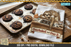 Cute sloth baking PNG with burnt cookies, messy kitchen, and the quote Overbaked and Over It.