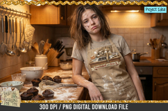 Cute sloth baking PNG with burnt cookies, messy kitchen, and the quote Overbaked and Over It.