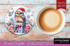 Owl Pastel Christmas Round Coaster Coquette Xmas Coaster PNG Product Image 1
