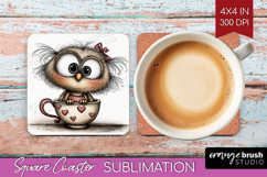 Owl Valentine Square Coaster Whimsical Animal Coaster PNG Product Image 1